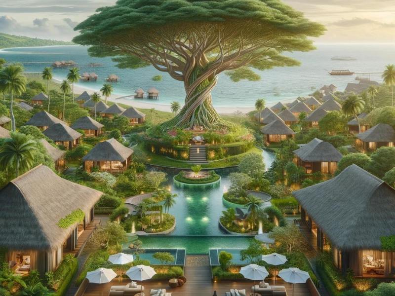 Indulge in Ultimate Relaxation with Banyan Tree Resort’s Hotstone Therapy This image captures the luxurious and peaceful scenery of Banyan Tree Resort. Set amidst tropical greenery, with a Banyan tree at its heart, villas with traditional roofs are nestled among lush gardens. It includes a tranquil infinity pool overlooking the sea, an outdoor lounge with comfortable seating and a walkway through the gardens, enhancing the feeling of an exclusive and peaceful retreat. This ambience conveys luxury in perfect harmony with nature and provides an ideal space for guests to relax and recharge.