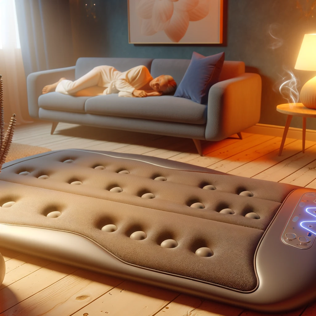 Home Wellness Massage Devices on the Rise Home Wellness Massage Devices-The image has been created to visually represent the essence of tranquility and wellness in a cozy home environment with the use of a modern massage mat.